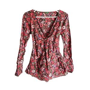 United Colors of Benetton Red Floral Flow Long Sleeve Blouse Top Shirt Sz Small